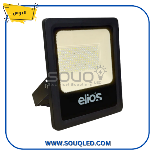 كشاف واجهات ليد (LED Floodlight) ماركة اليوس، بقدرة ٢٠٠ واط، بضوء أصفر دافئ (وورم)، يستخدم لإنارة الواجهات الخارجية بفعالية وتوفير.