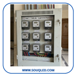 لوحة تجميع 10 عدادات كهرباء معدن (صاج) ماركة ريما Rima، ألوان رمادي وبيج فاتح، مخصصة للعمارات والمباني السكنية لعام 2026.