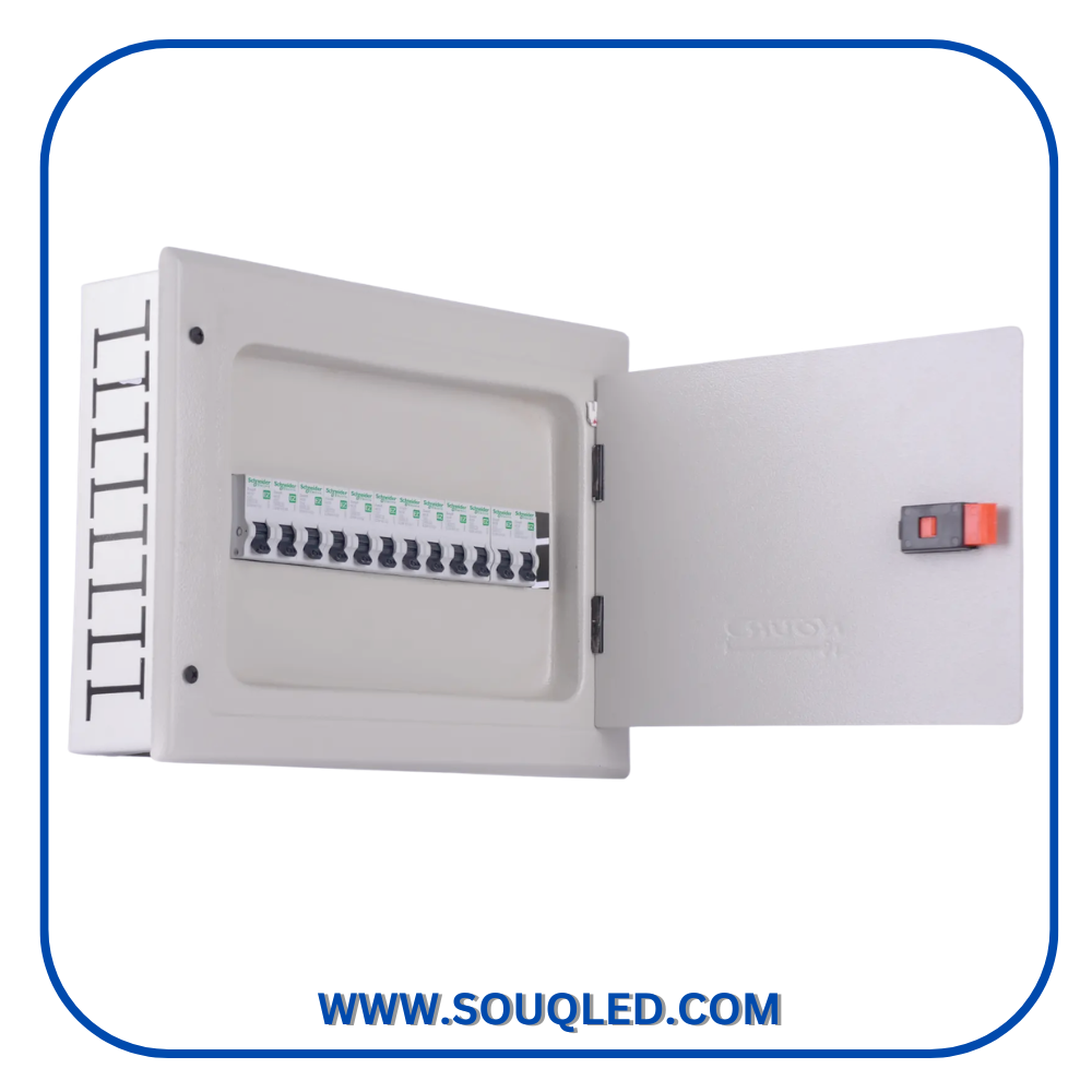 لوحة توزيع 12 خط ريما صف واحد لوحة توزيع قواطع معدن (صاج) سعة 12 خط صف أفقي واحد ماركة ريما Rima، ألوان رمادي وبيج فاتح، للشقق والمكاتب لعام 2026.