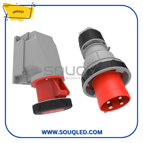 طقم-بريزة-وفيشة-صناعية-4P-63امبير-خارجي-IP67-بيماس طقم بريزة وفيشة صناعية رباعية الأقطاب 63 أمبير للتركيب الخارجي ماركة بيماس IP67 (مقاوم للماء والغمر).