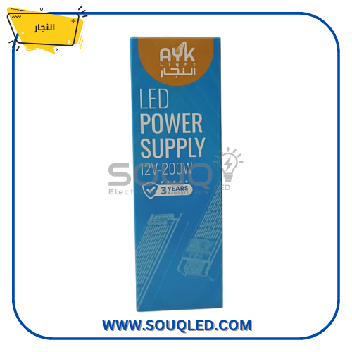 باور-سبلاي-ليد-النجار-200وات-12فولت-ضمان-3-سنوات جهاز باور سبلاي (محول تيار) ماركة النجار بقدرة 200 وات، يعمل بجهد إخراج 12 فولت، يستخدم لتشغيل إضاءة الليد بالتيار المستمر، بضمان ثلاث سنوات.