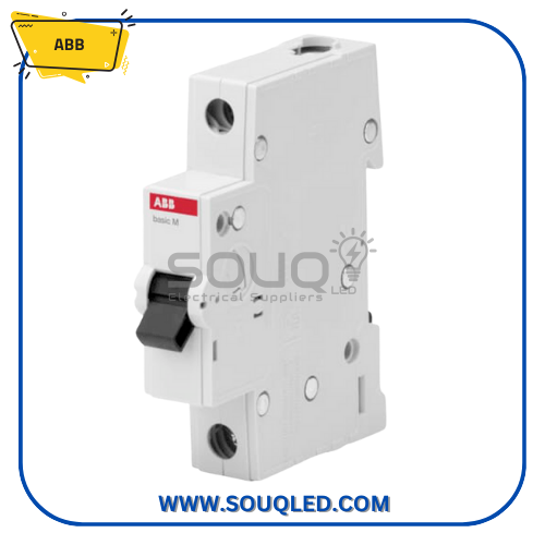 قاطع-كهرباء-احادي-١٠-امبير-٤.٥ك-ABB.jpg قاطع دارة مصغر (MCB) أحادي القطب ماركة ABB، بتيار ١٠ أمبير وقدرة كسر ٤.٥ كيلو أمبير، يستخدم لحماية الدوائر الكهربائية من التيار الزائد.