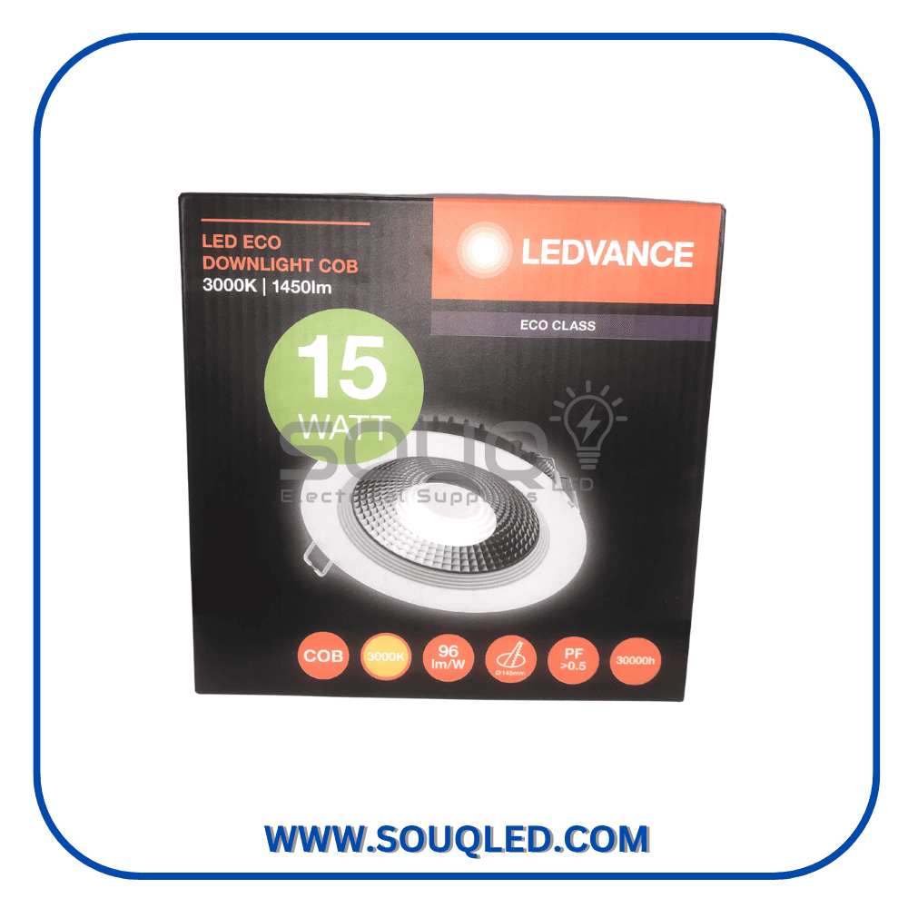 سبوت ليدفانس COB مدور 15 وات غاطس سبوت ليد مدور تقنية COB ماركة ليدفانس (LEDVANCE) الاصلية، قدرة 15 وات، غاطس، اضاءة مركزة وورم وكول، ضمان 3 سنوات، لعام 2026.