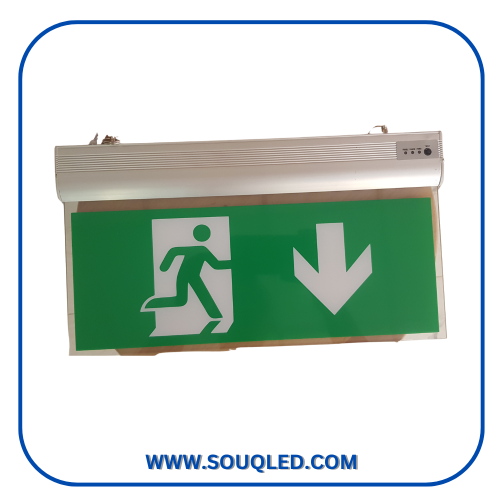 كشاف مخرج طوارئ ليد EXIT SIGN صيني بقدرة 3 وات مع سهم اتجاه لأسفل وبطارية داخلية للعمل أثناء انقطاع الكهرباء وتأمين المشروعات، لعام 2026.